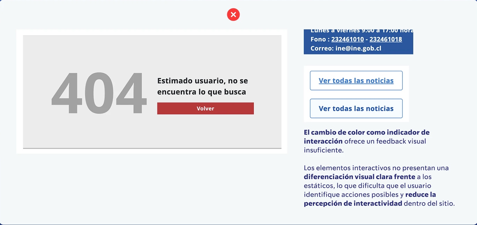 Página 404 y botones con feedback visual insuficiente
