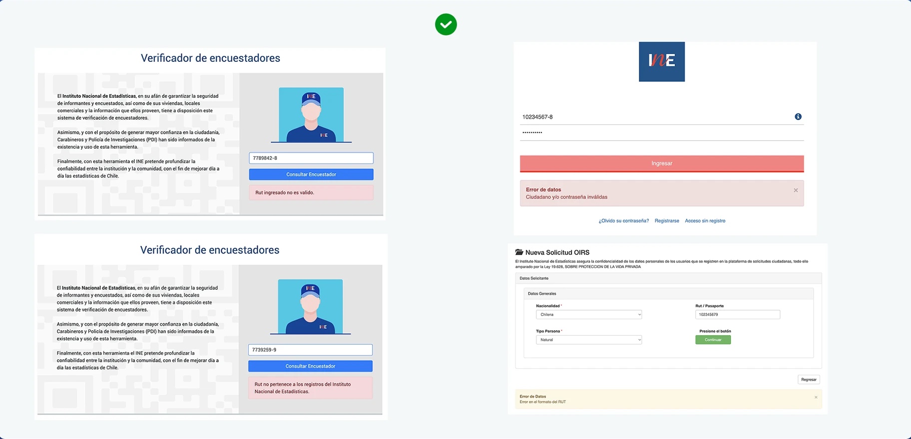 Mensajes de validación en el Verificador de encuestadores y en el sitio del INE