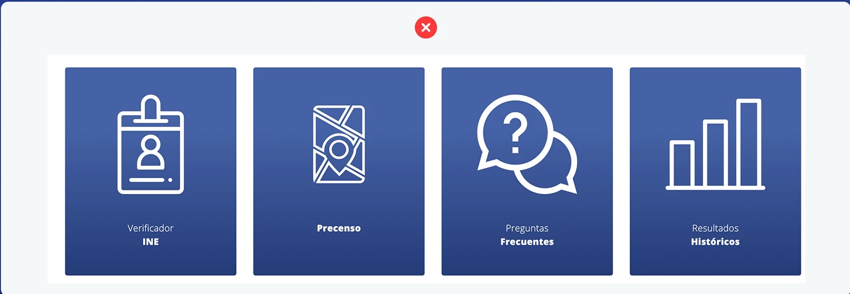 Bloques de acceso: Verificador INE, Precenso, Preguntas Frecuentes y Resultados Históricos