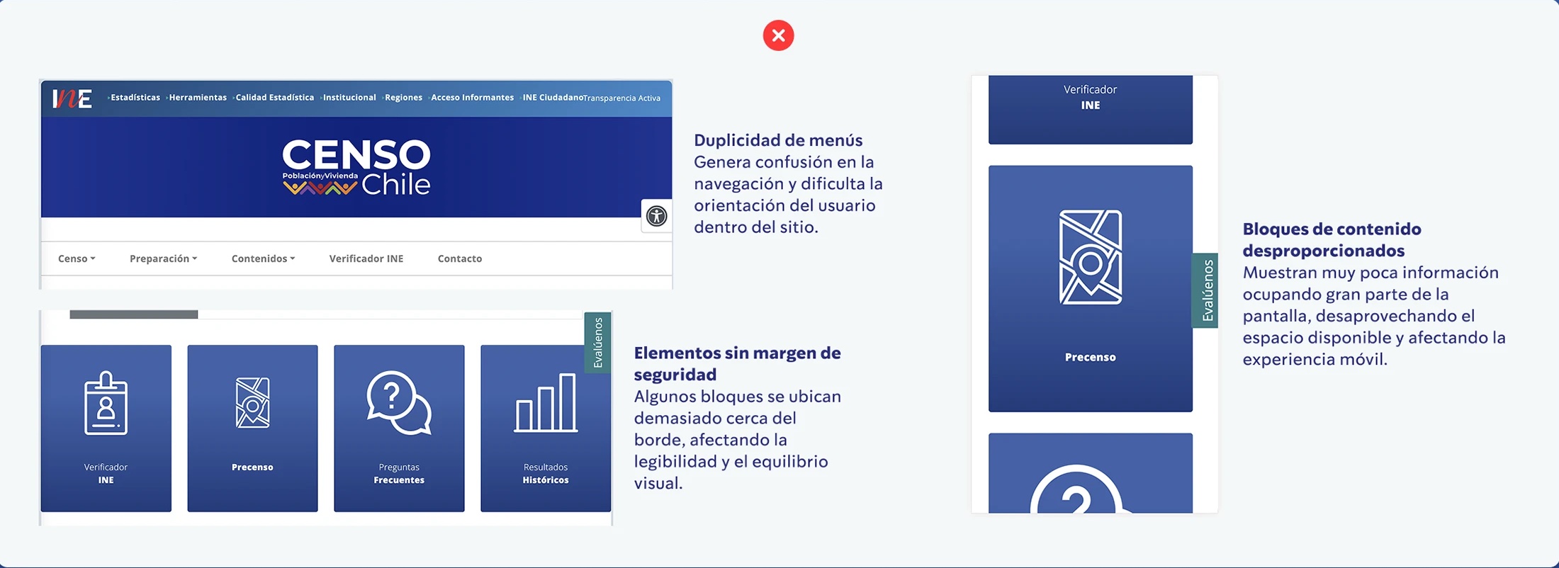Duplicidad de menús, bloques desproporcionados y elementos sin margen