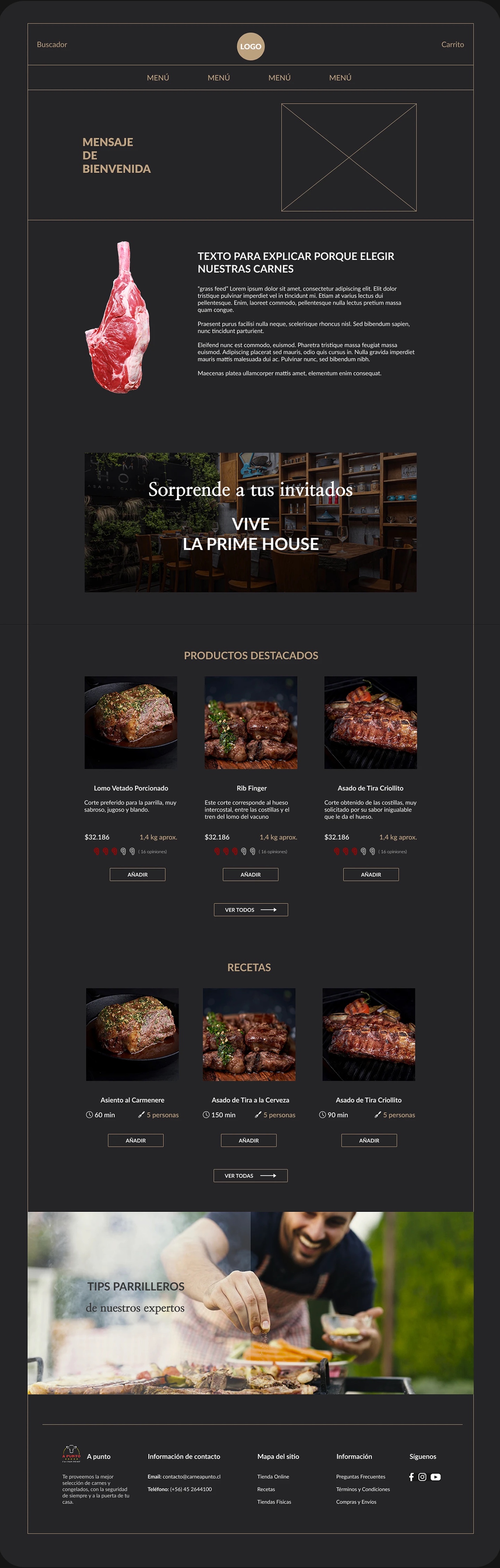 Propuesta de Home: wireframe con hero, productos destacados y recetas