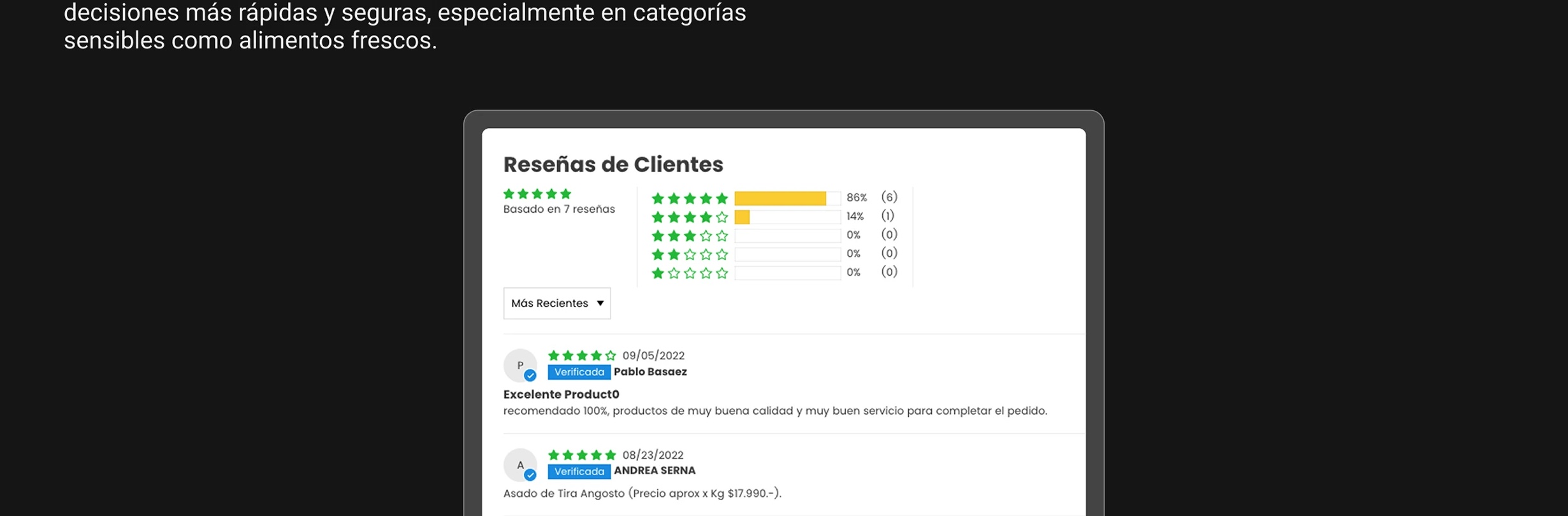 Ejemplo de reseñas de clientes en una ficha de producto