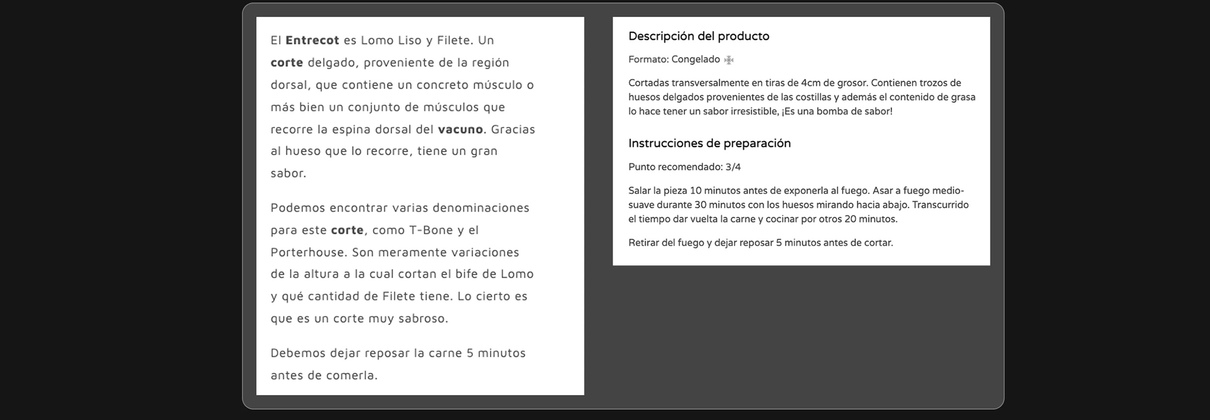 Ejemplo de descripción e instrucciones de preparación de un corte